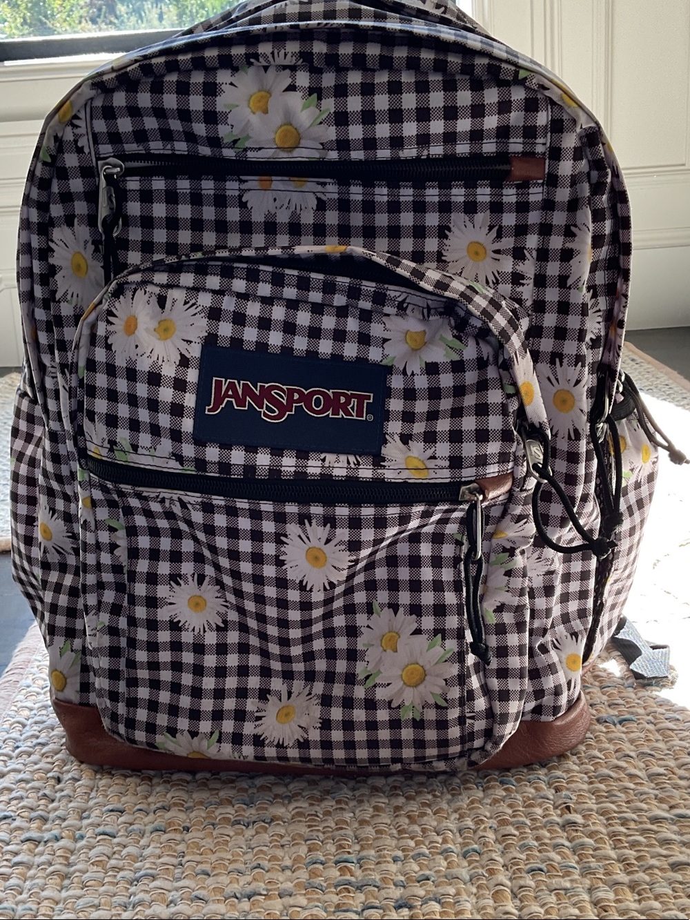 JanSport Black & White Gingham Daisy Kids Backpack